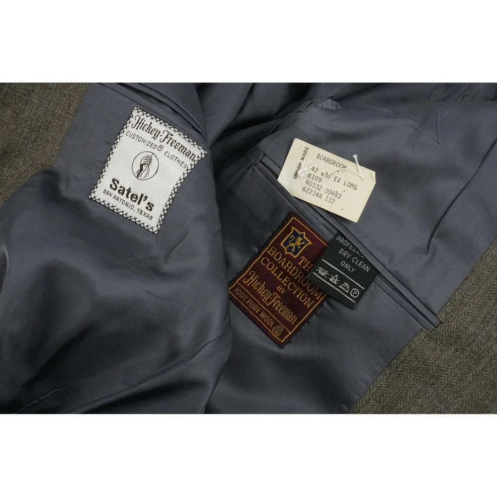 Vintage Hickey Freeman Mens 42L Brown Worsted Wool Herringbone Windowpane Blazer